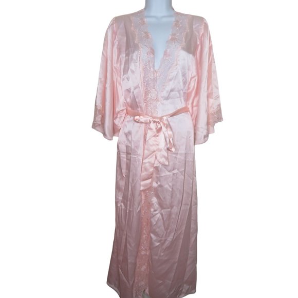 Vintage Full Length Satin Dressing Gown Robe L Pink Lace Belted Bell Sleeve NEW - Picture 1 of 10
